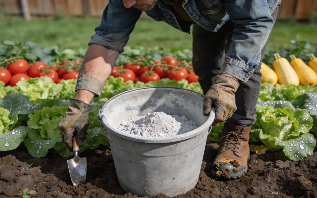 Jardinier penche vers seau de cendres gris devant potager