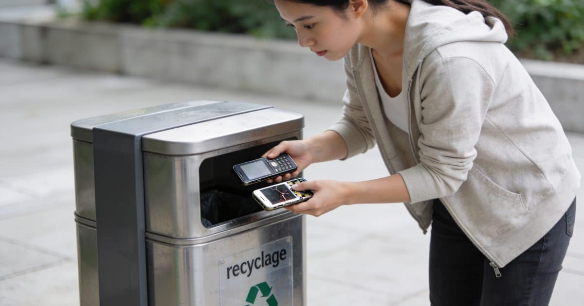 Jeune femme deposant vieux smartphones dans borne recyclage