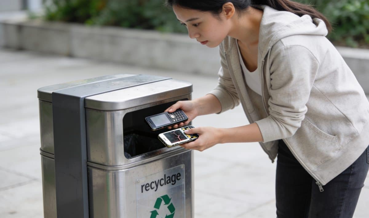 Jeune femme deposant vieux smartphones dans borne recyclage