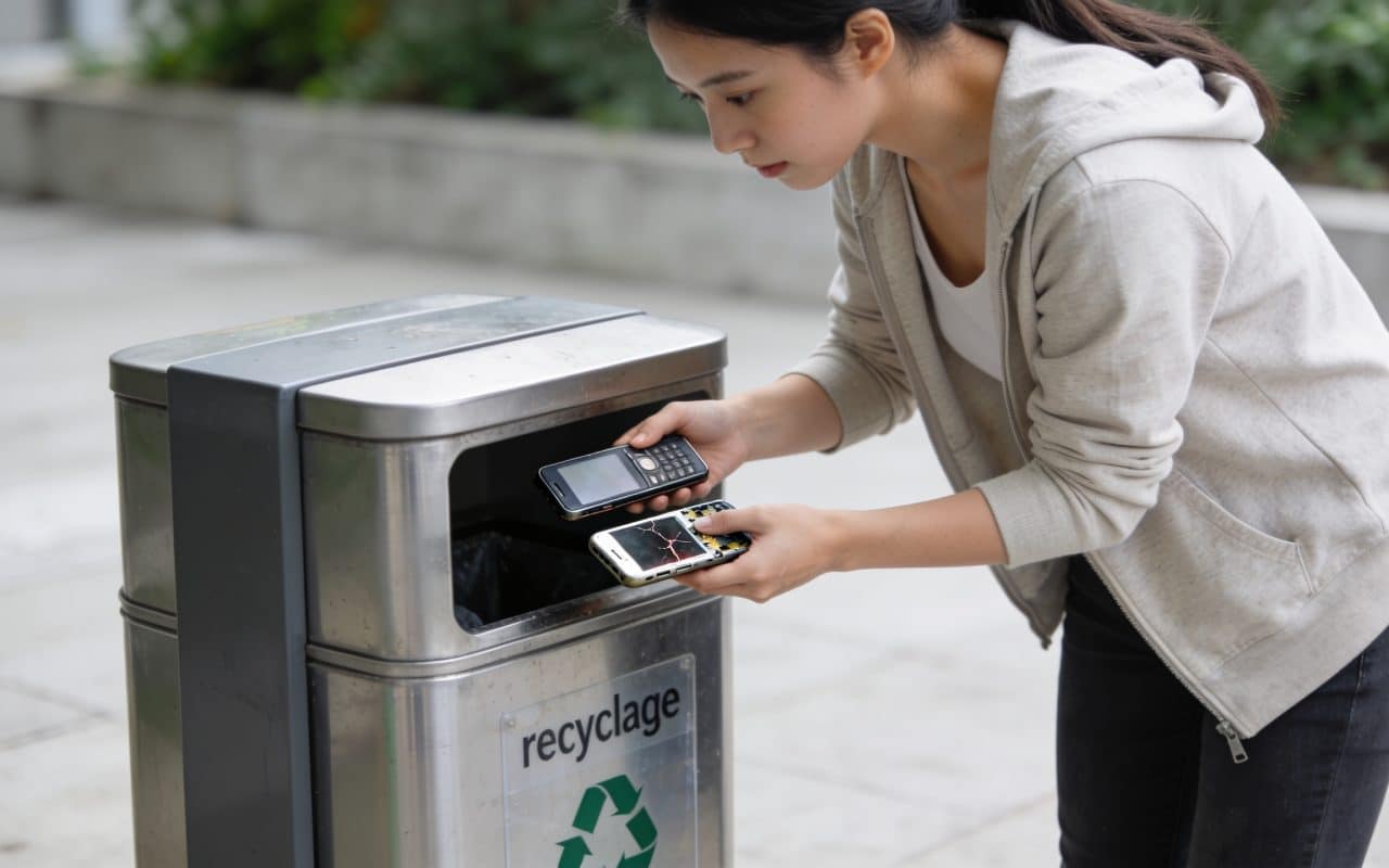 Jeune femme deposant vieux smartphones dans borne recyclage