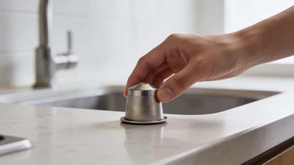 Main debarassant capsule metalique rechargeable sur plan de cuisine