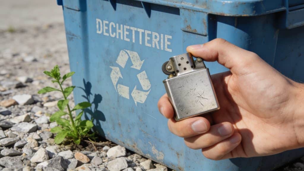 Main tenant un briquet use pres dun conteneur dechetterie