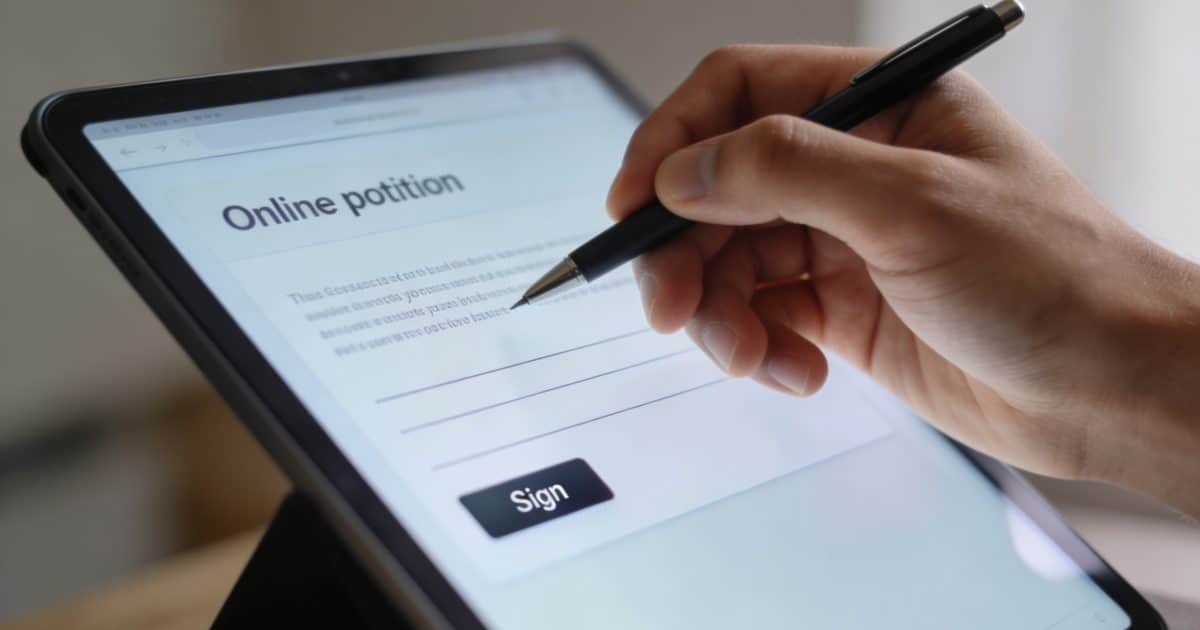 main tenant un stylo signe une petition en ligne