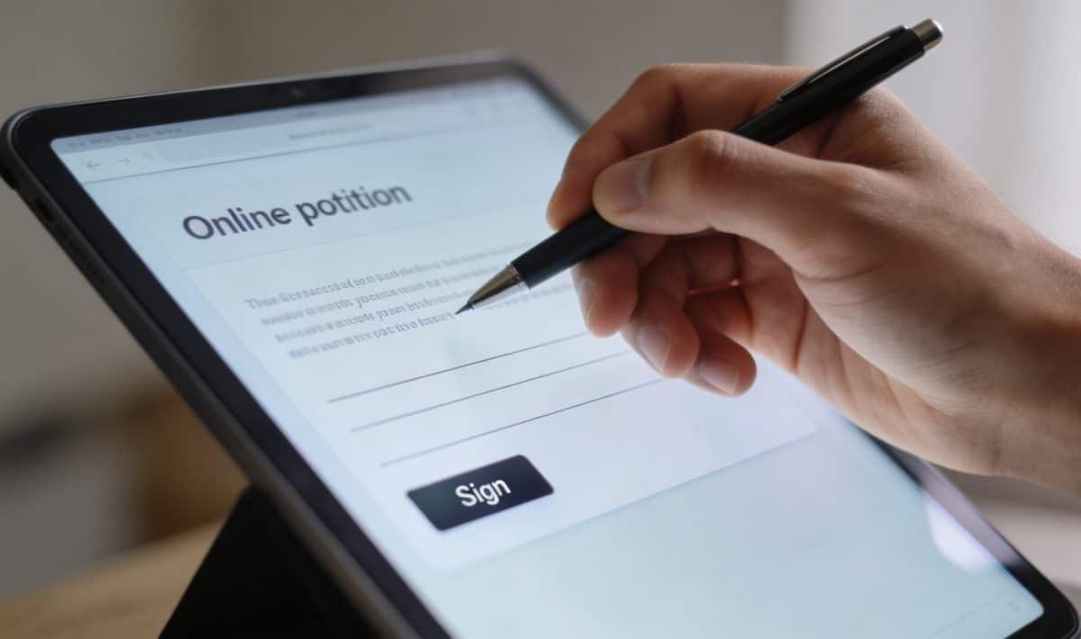 main tenant un stylo signe une petition en ligne