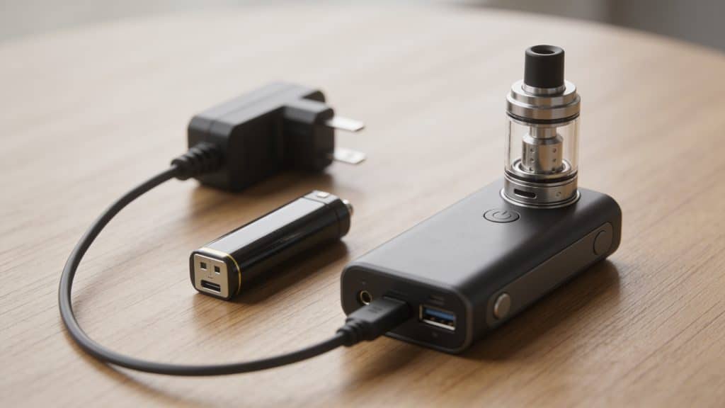 Mains separant batterie et clearomiseur sur table