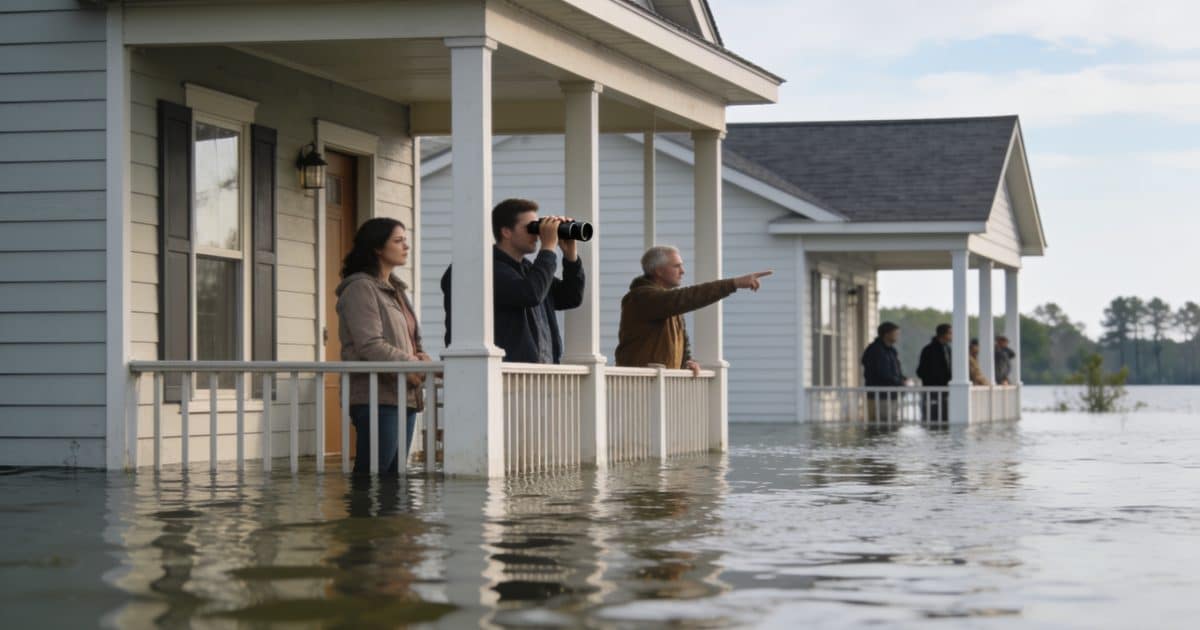 Maisons partiellement inondees avec habitants observant l eau