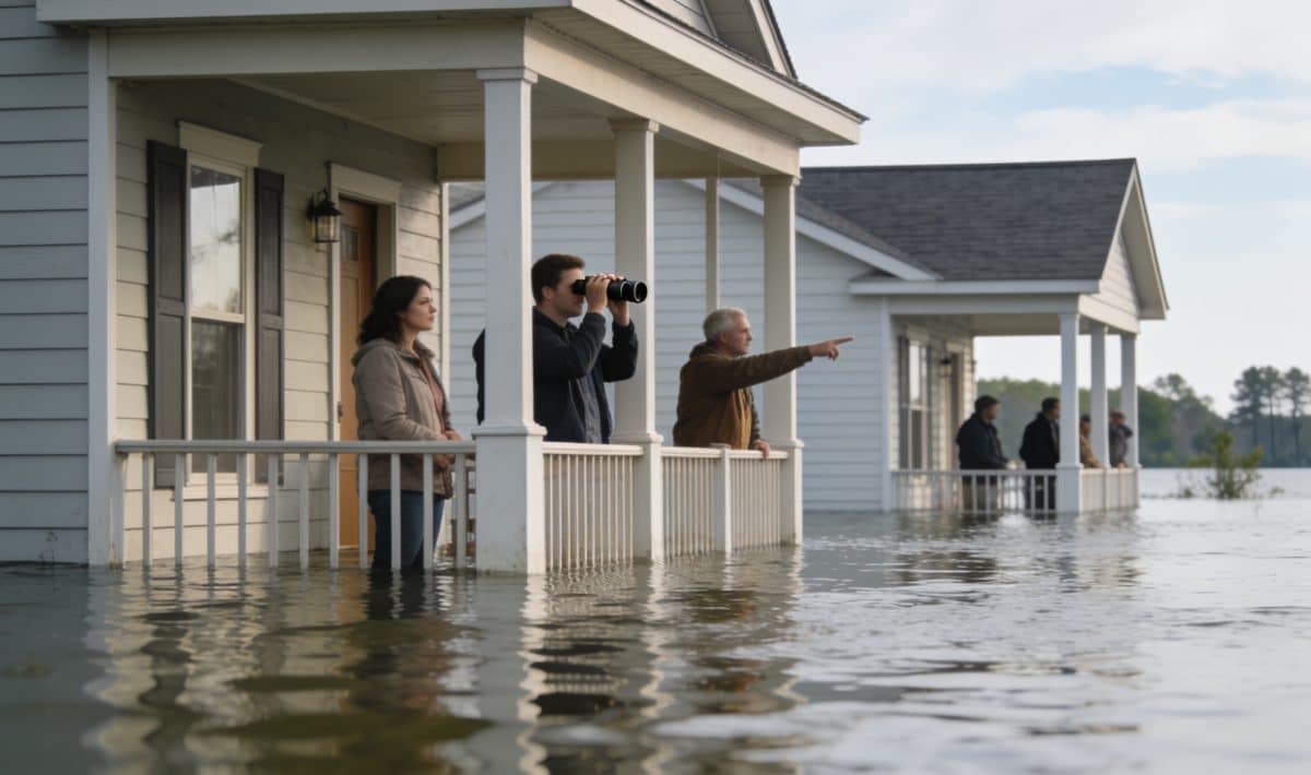 Maisons partiellement inondees avec habitants observant l eau