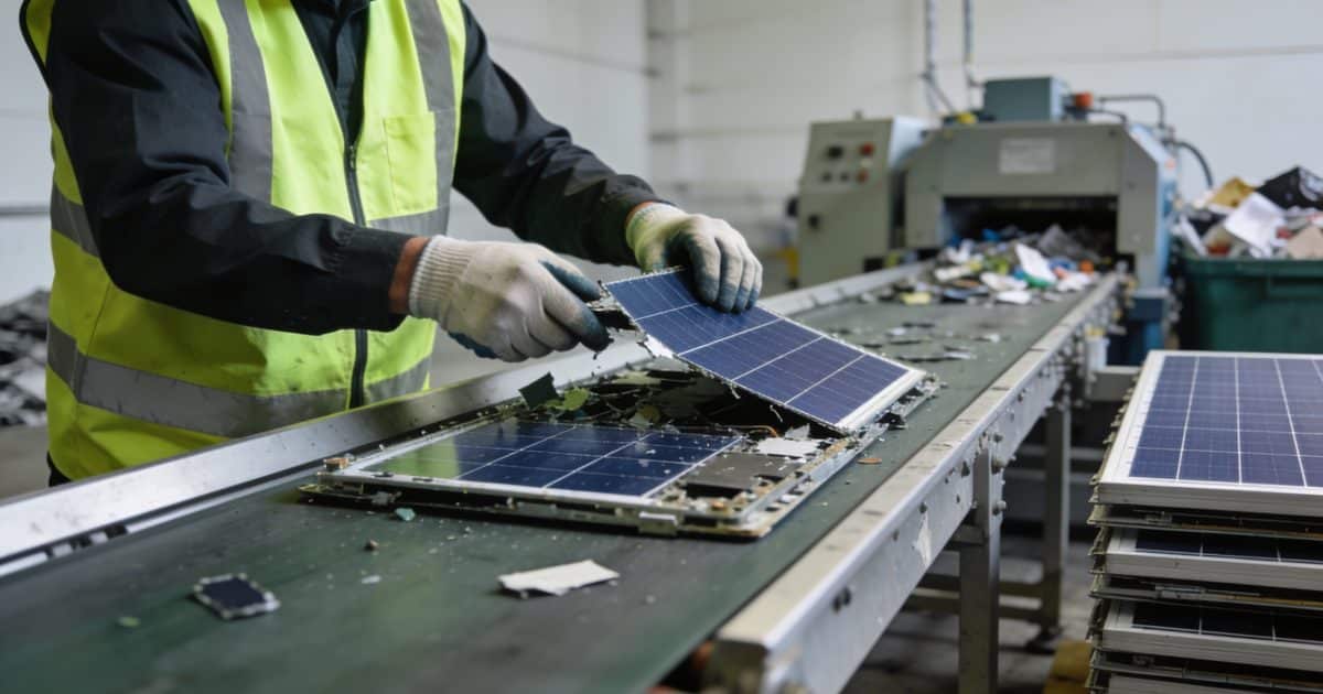 Ouvrier demonte panneaux solaires uses sur chaine recyclage