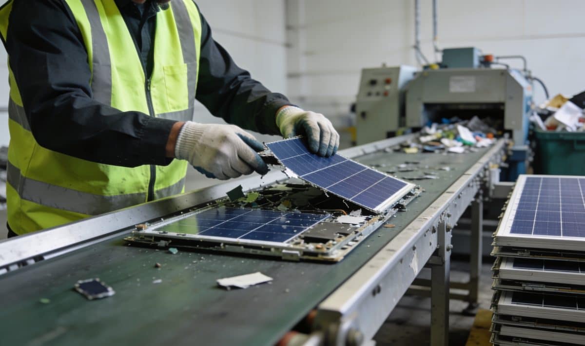 Ouvrier demonte panneaux solaires uses sur chaine recyclage