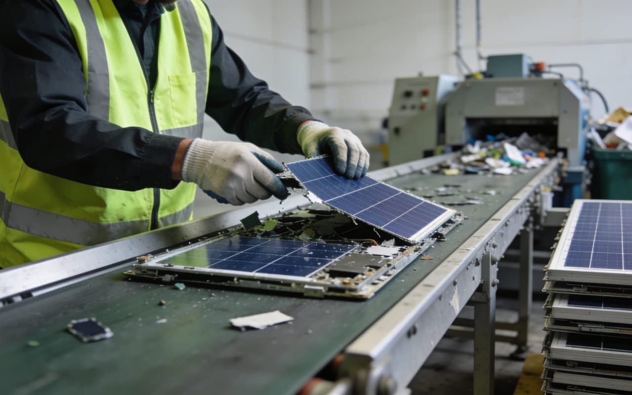Ouvrier demonte panneaux solaires uses sur chaine recyclage
