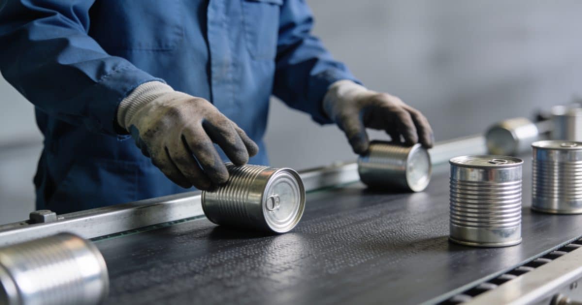 Ouvrier triant des canettes aluminium sur tapis roulant
