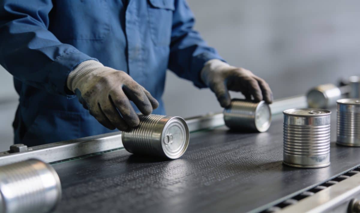 Ouvrier triant des canettes aluminium sur tapis roulant