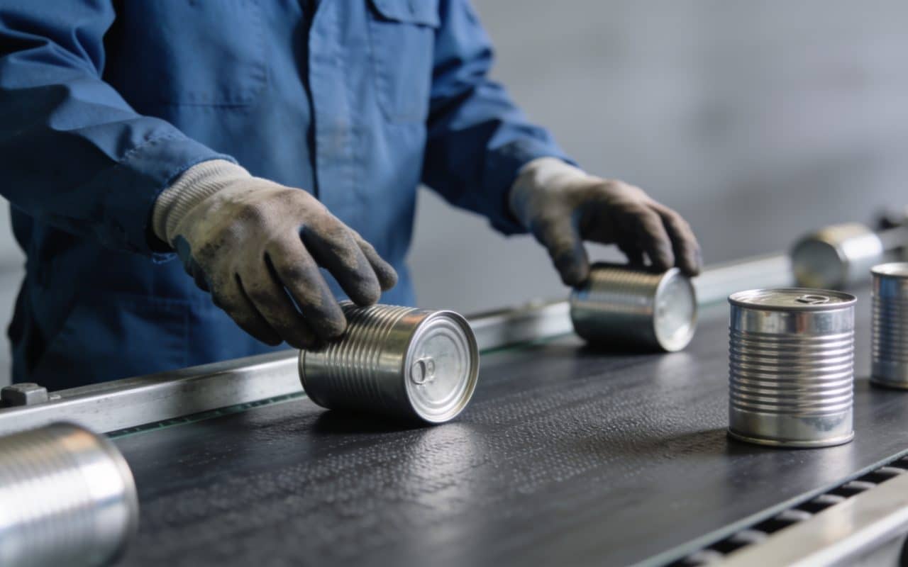 Ouvrier triant des canettes aluminium sur tapis roulant