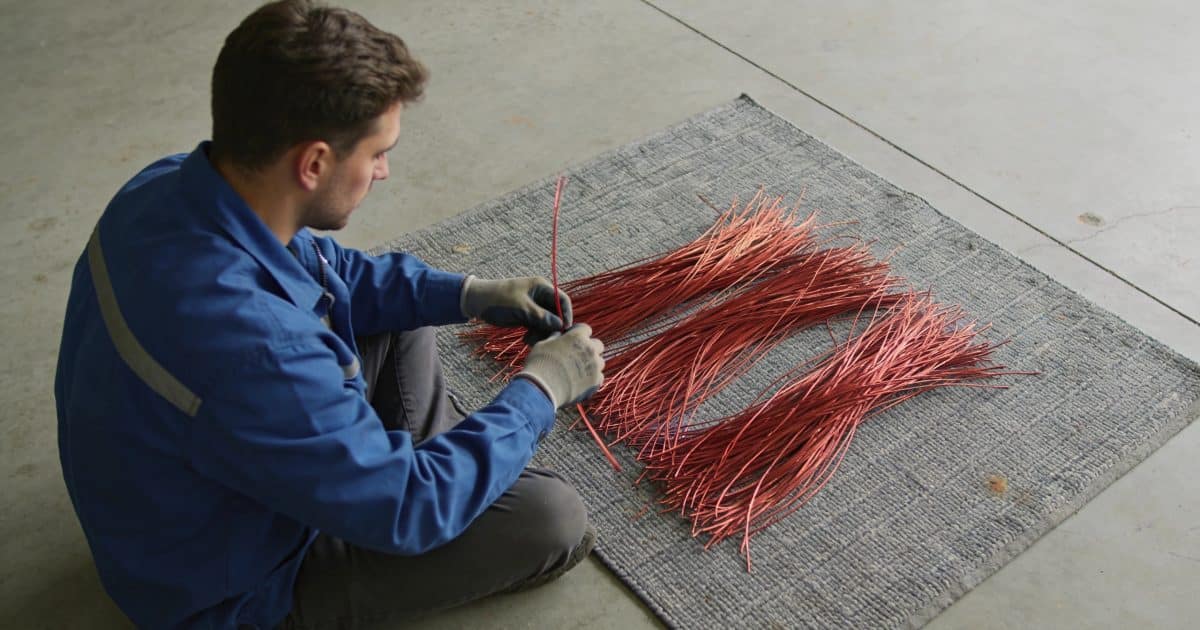 Ouvrier trie fils de cuivre rouges sur tapis