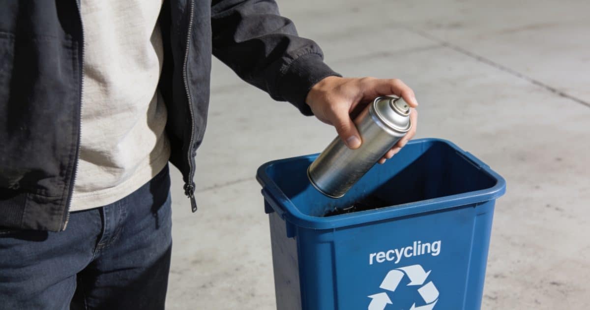 Personne deposant des bombes aerosol dans conteneur recyclage