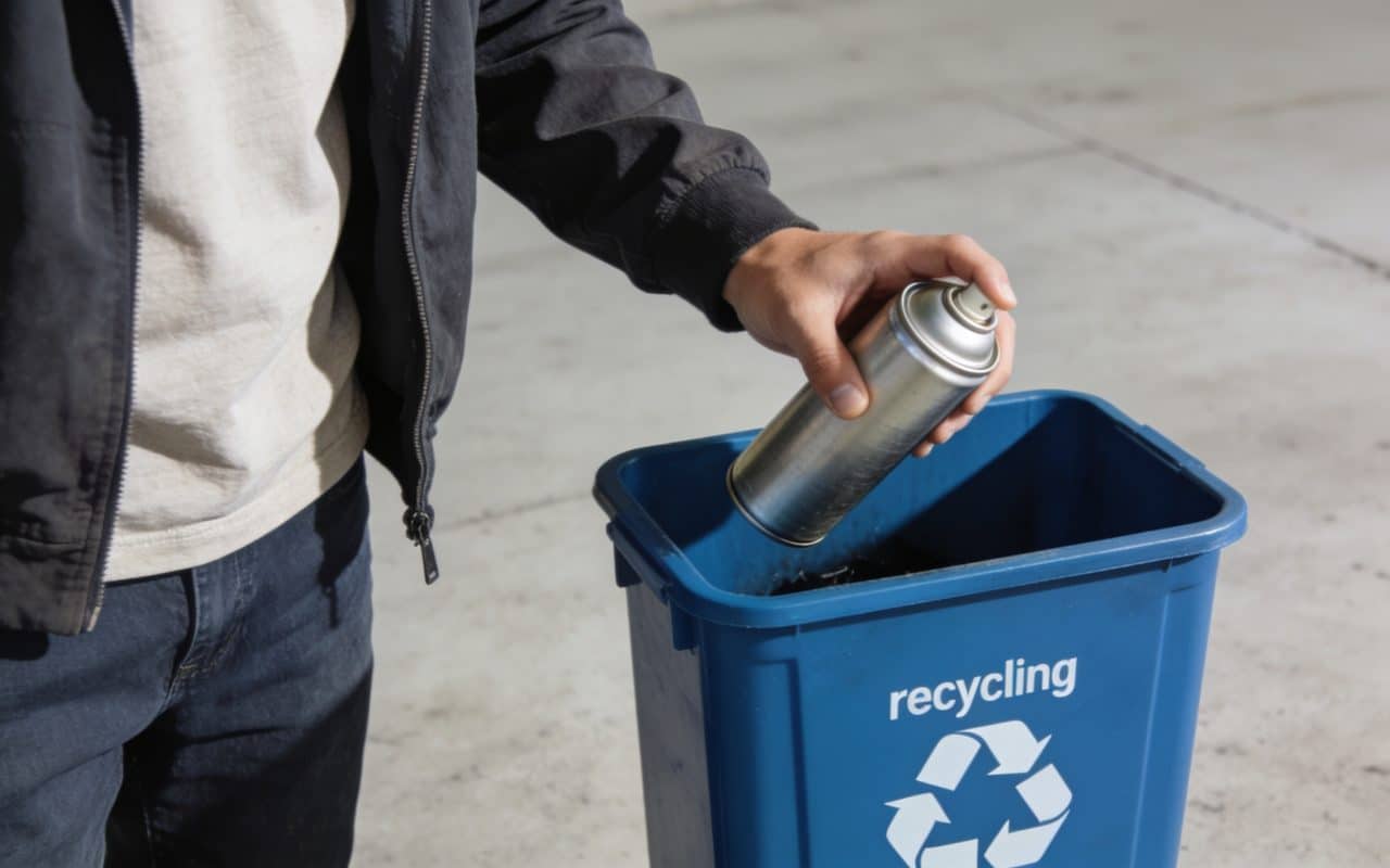 Personne deposant des bombes aerosol dans conteneur recyclage
