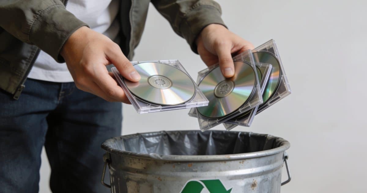Personne deposant des CD dans une benne de recyclage