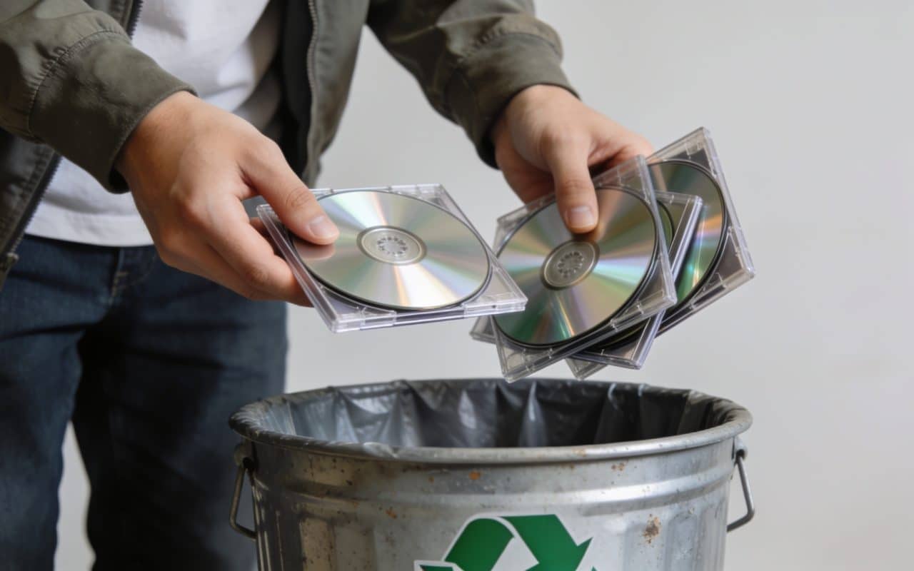 Personne deposant des CD dans une benne de recyclage