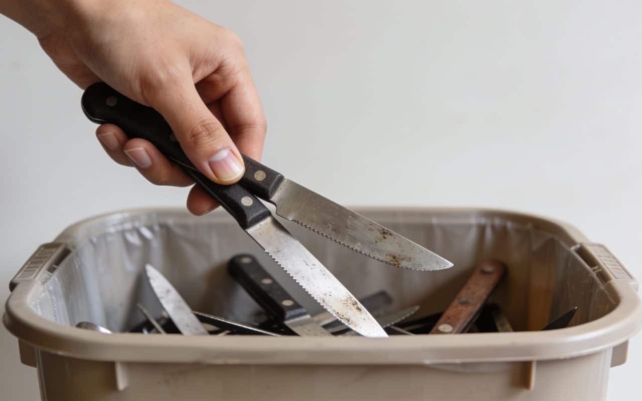 Personne deposant des couteaux uses dans conteneur dechet