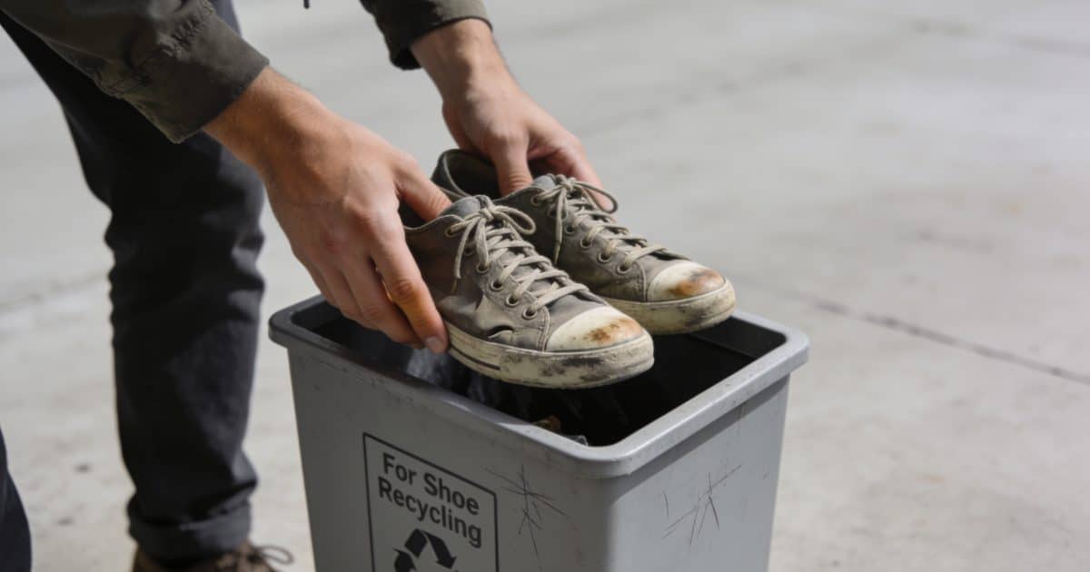 Personne deposant vieilles chaussures dans conteneur recyclage chaussures