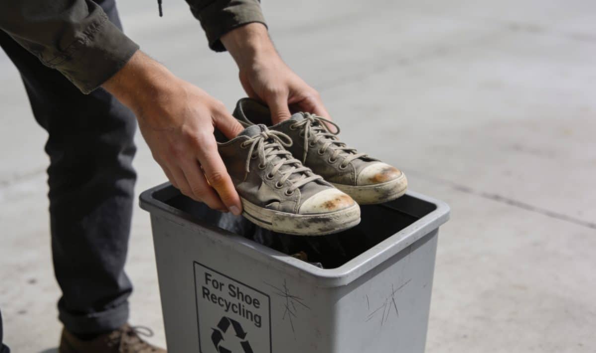 Personne deposant vieilles chaussures dans conteneur recyclage chaussures