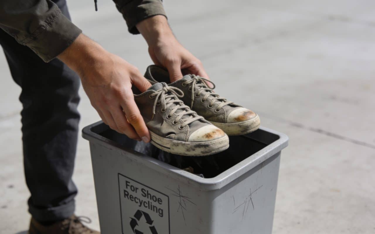 Personne deposant vieilles chaussures dans conteneur recyclage chaussures