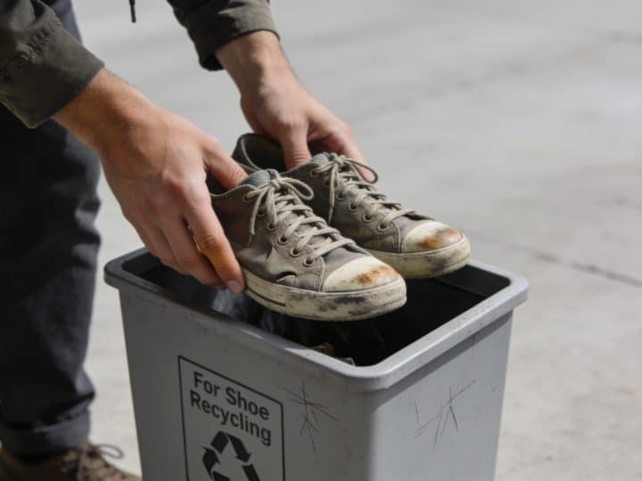 Personne deposant vieilles chaussures dans conteneur recyclage chaussures