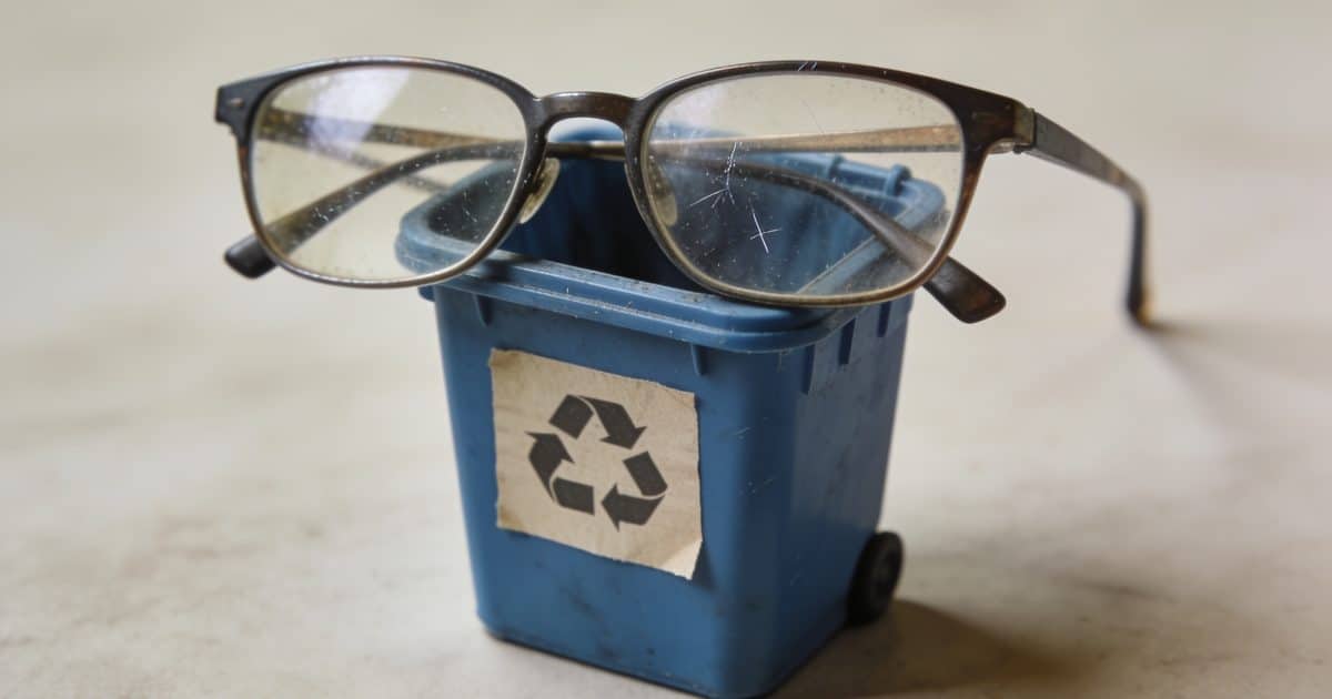 Personne depose ses vieilles lunettes dans boite recyclage