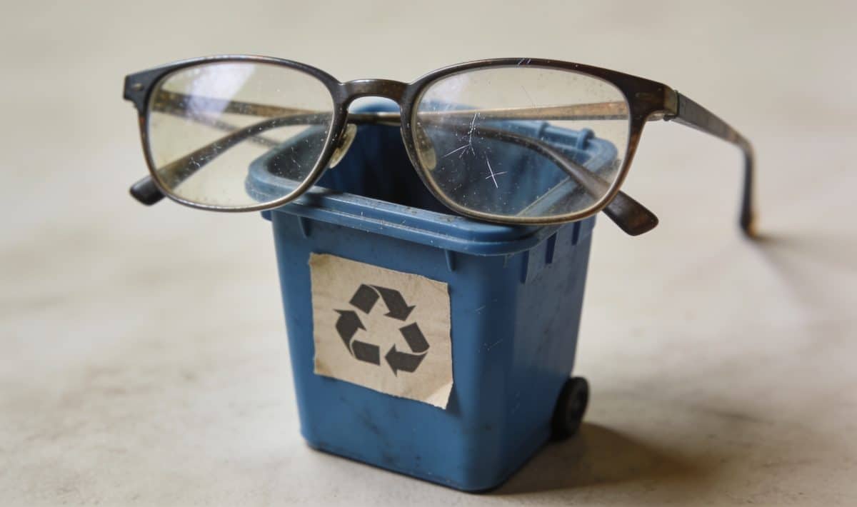 Personne depose ses vieilles lunettes dans boite recyclage
