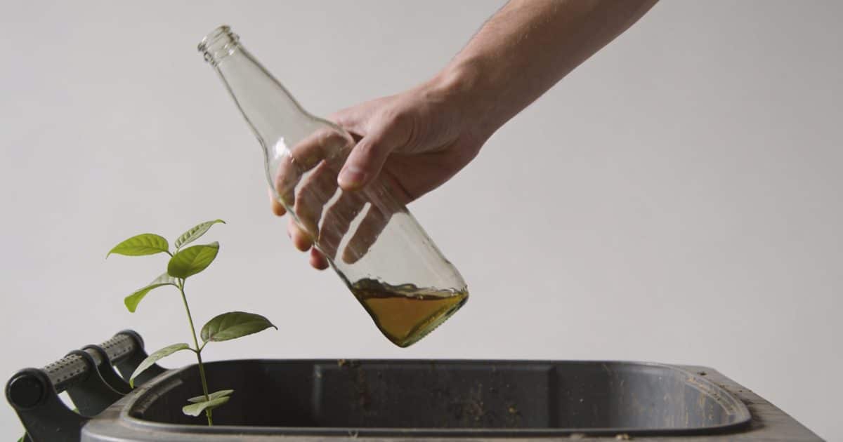 Personne jetant bouteille en verre pleine dans conteneur