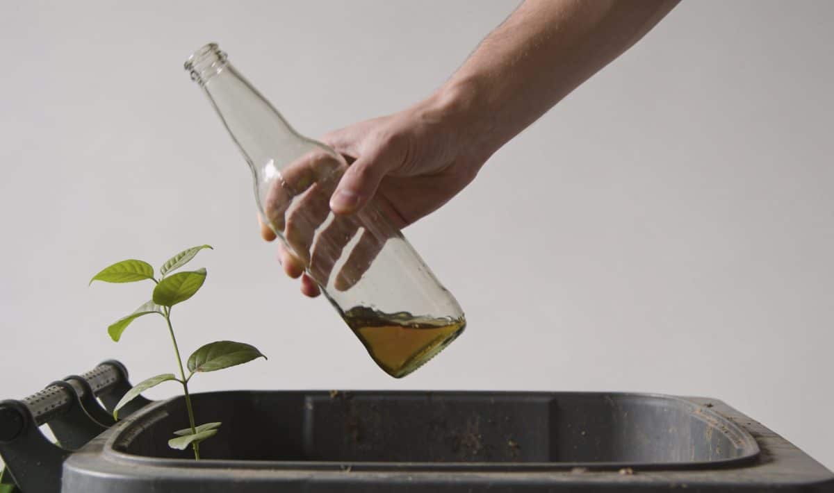 Personne jetant bouteille en verre pleine dans conteneur