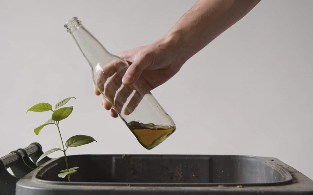 Personne jetant bouteille en verre pleine dans conteneur