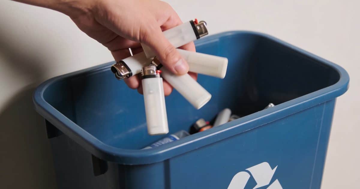 Personne jetant plusieurs briquets vides dans conteneur recyclage
