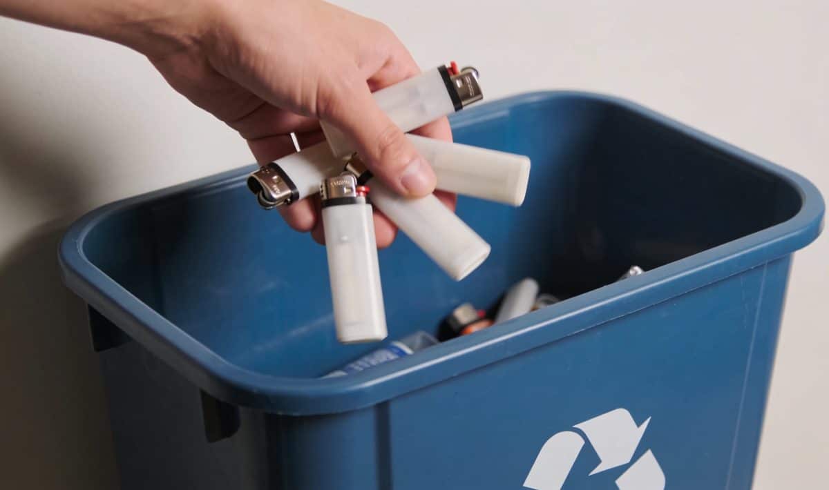 Personne jetant plusieurs briquets vides dans conteneur recyclage