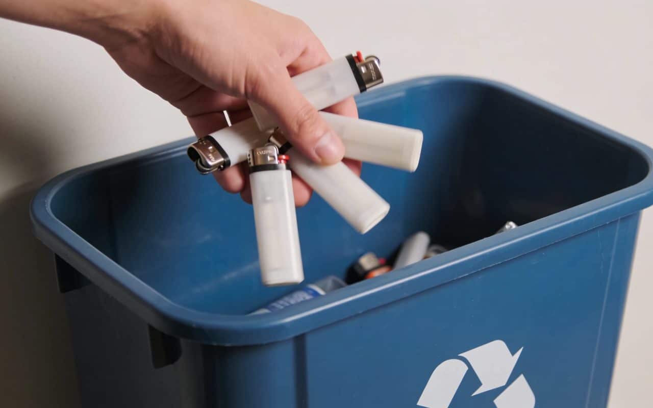 Personne jetant plusieurs briquets vides dans conteneur recyclage