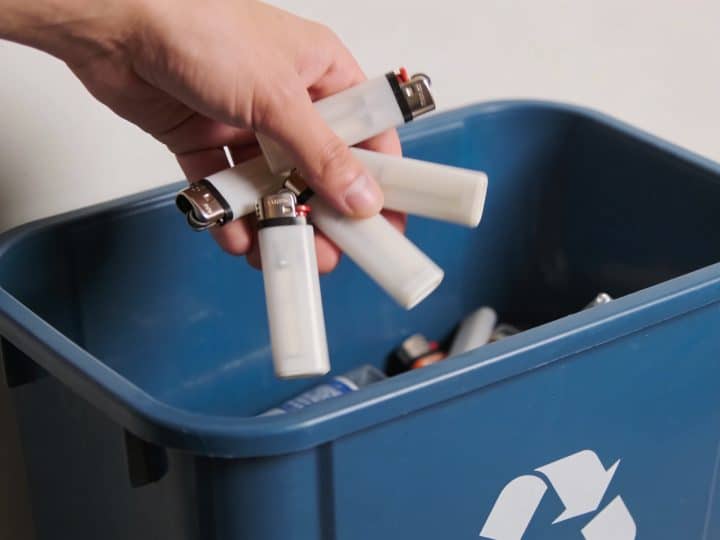 Personne jetant plusieurs briquets vides dans conteneur recyclage