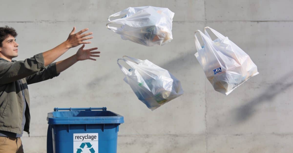 Personne jetant des sacs de courses au recyclage