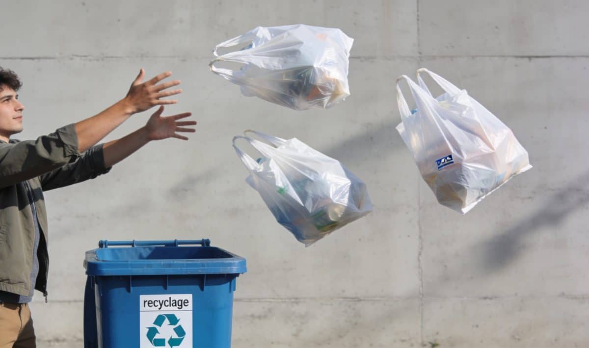 Personne jetant des sacs de courses au recyclage