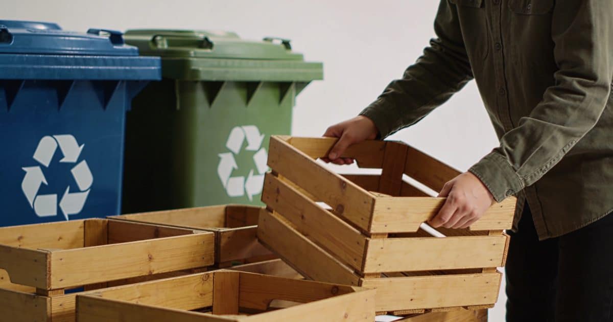Personne triant cagettes en bois devant bacs de recyclage