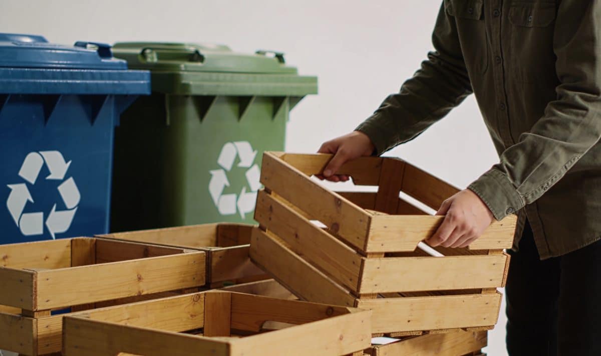 Personne triant cagettes en bois devant bacs de recyclage