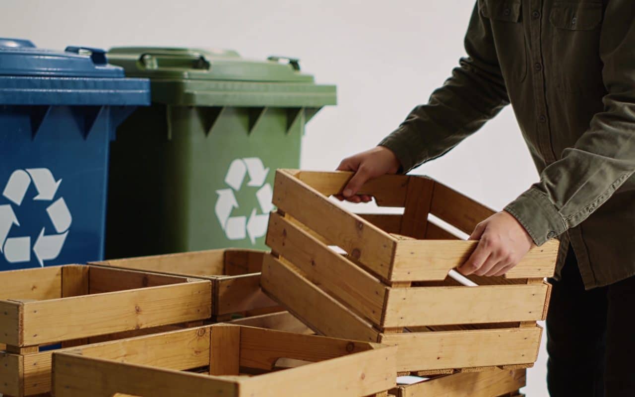 Personne triant cagettes en bois devant bacs de recyclage