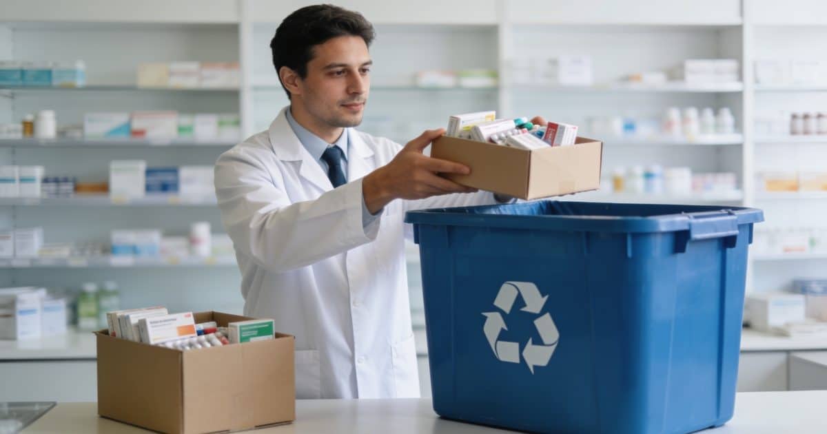 Pharmacien recevant boites de médicaments dans conteneur recyclage