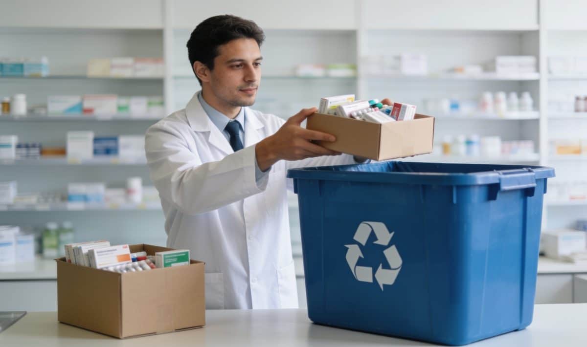 Pharmacien recevant boites de médicaments dans conteneur recyclage