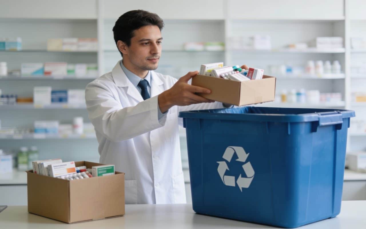 Pharmacien recevant boites de médicaments dans conteneur recyclage