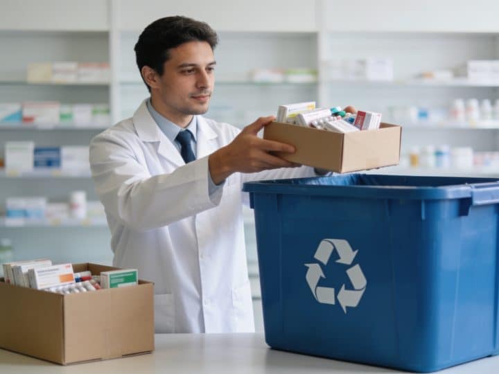 Pharmacien recevant boites de médicaments dans conteneur recyclage