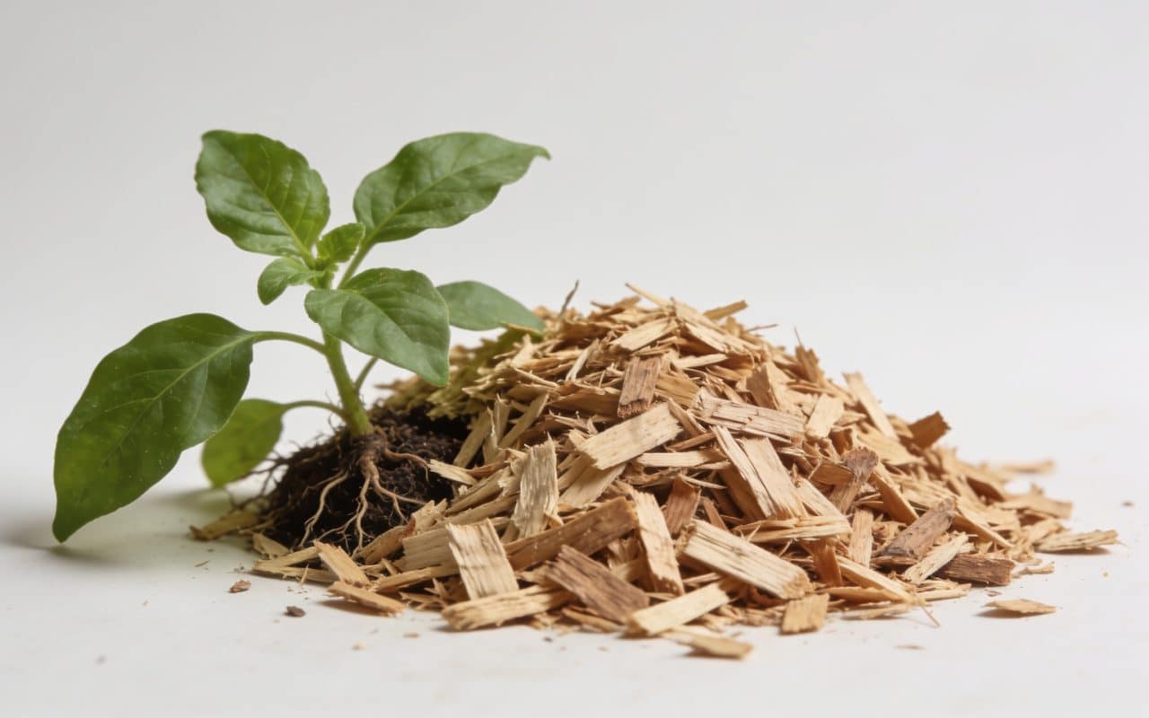 Tas de sciure de bois reutilisee en paillis