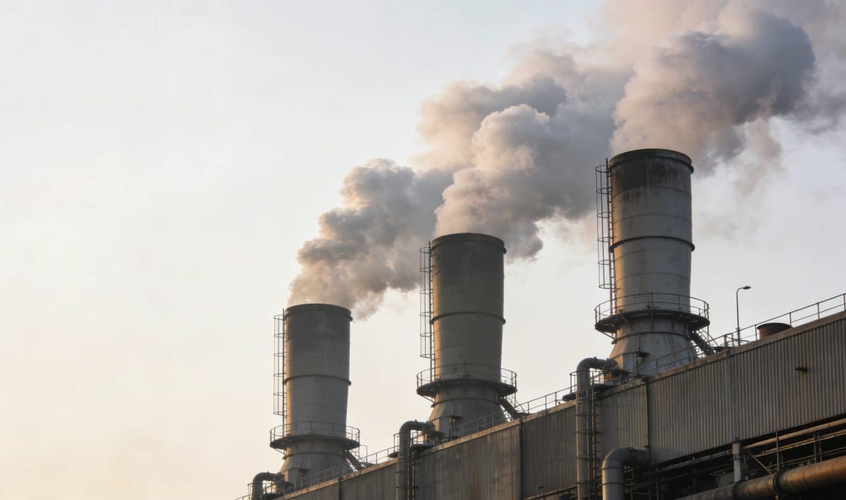 Usine fumante avec grandes cheminees rejetant epaisse fumee
