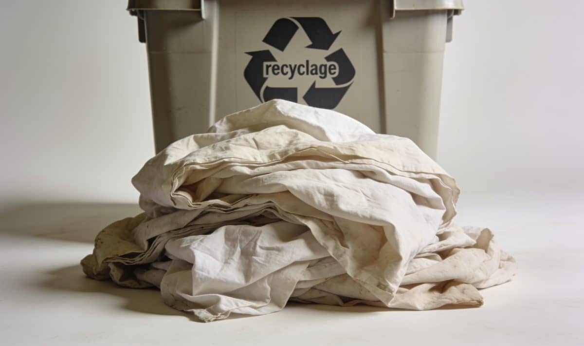 Tas de vieux draps froisses devant conteneur recyclage