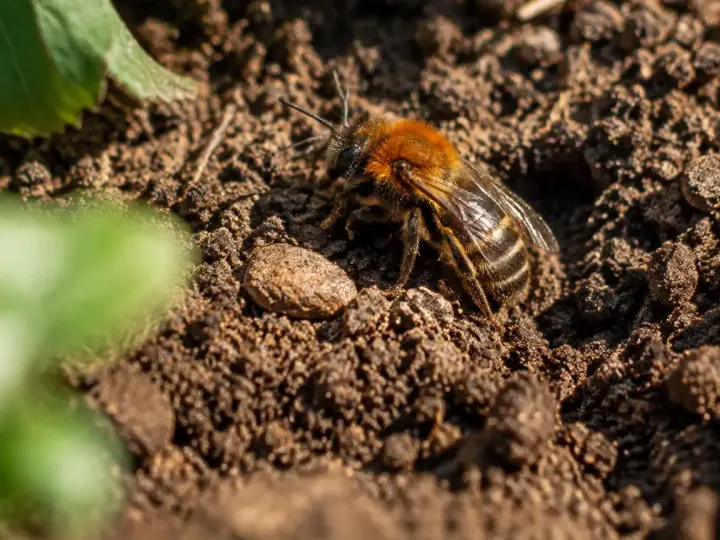 Abeille solitaire posee sur une terre nue de jardin