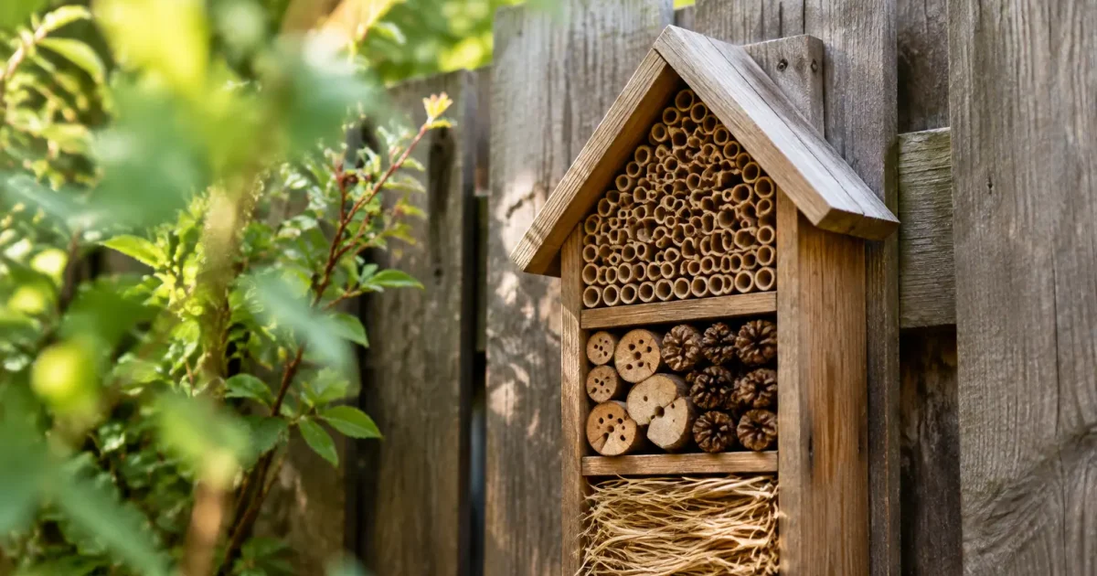 Abri en bois rempli de tiges fixé sur palissade
